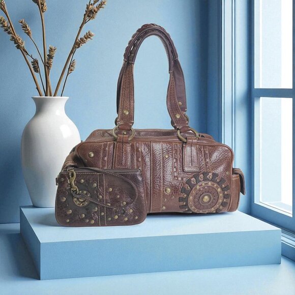 COACH MIA VintageFloral Lace Studded brown Leather Satchel with